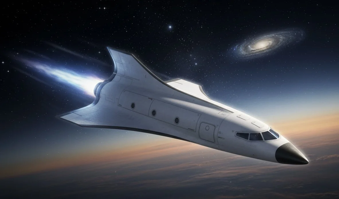 A futuristic spaceship flying in space with stars, a galaxy, and a colorful horizon background