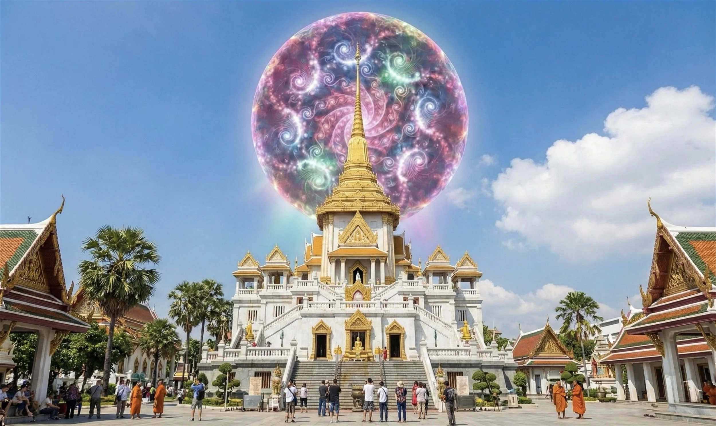 A temple with ornate golden decorations and a tall spire, surrounded by trees and people, with a digital swirling cosmic pattern in the sky behind it.