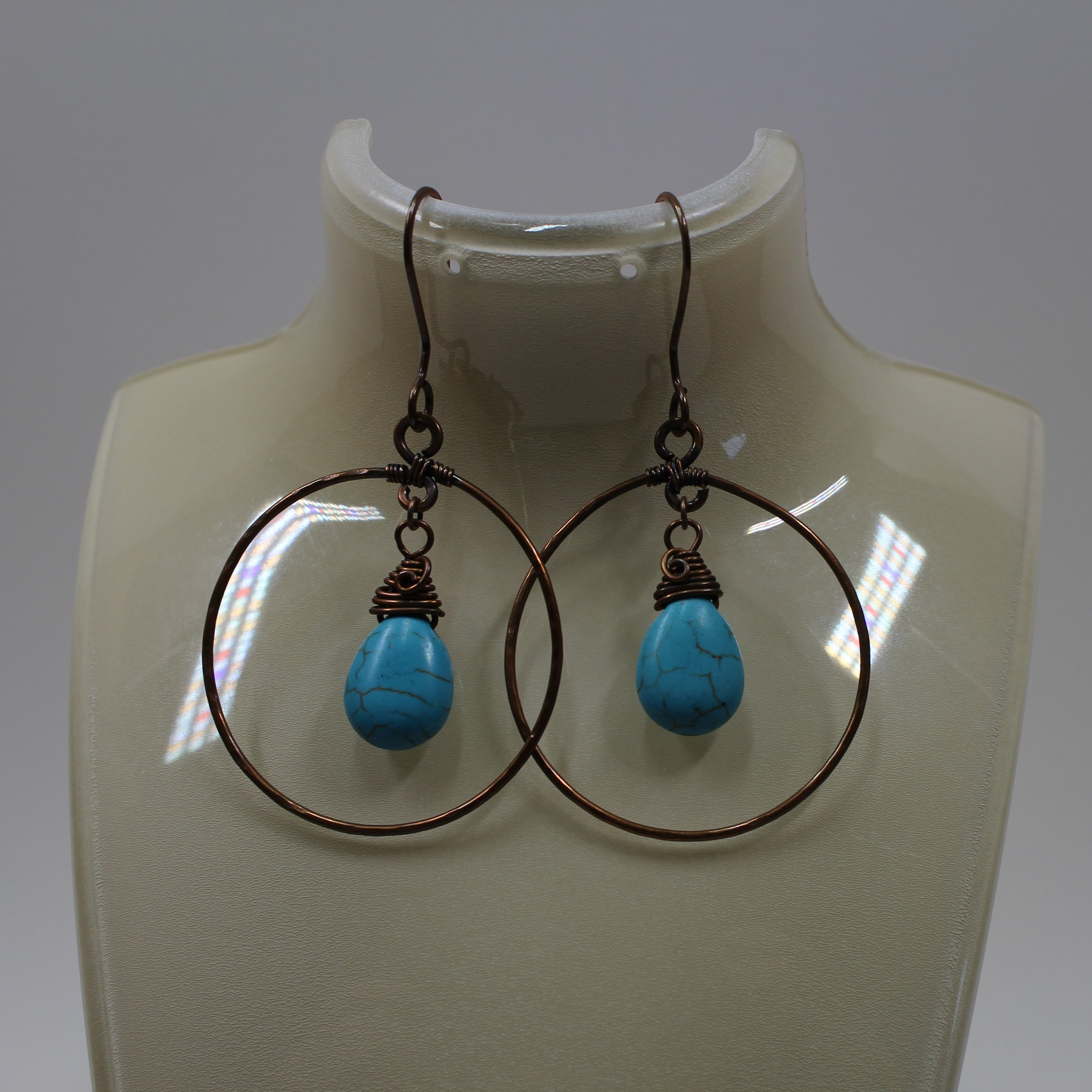 Copper Wire Hoop Earrings with Howlite dangle