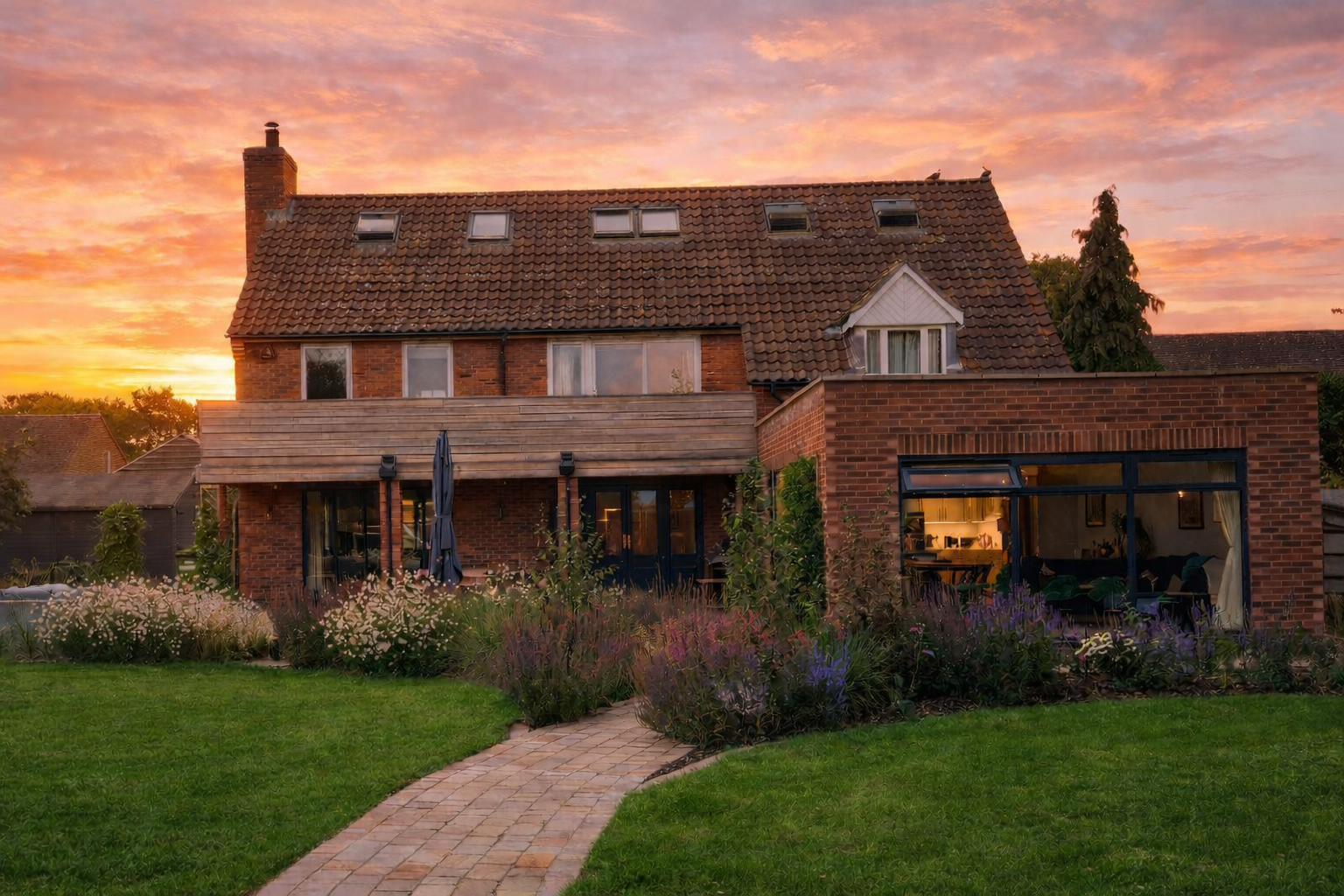 The end result of Phase 1: no more old path and  lots of soft planting - we couldn't have asked for a better sunset sky when taking the photo