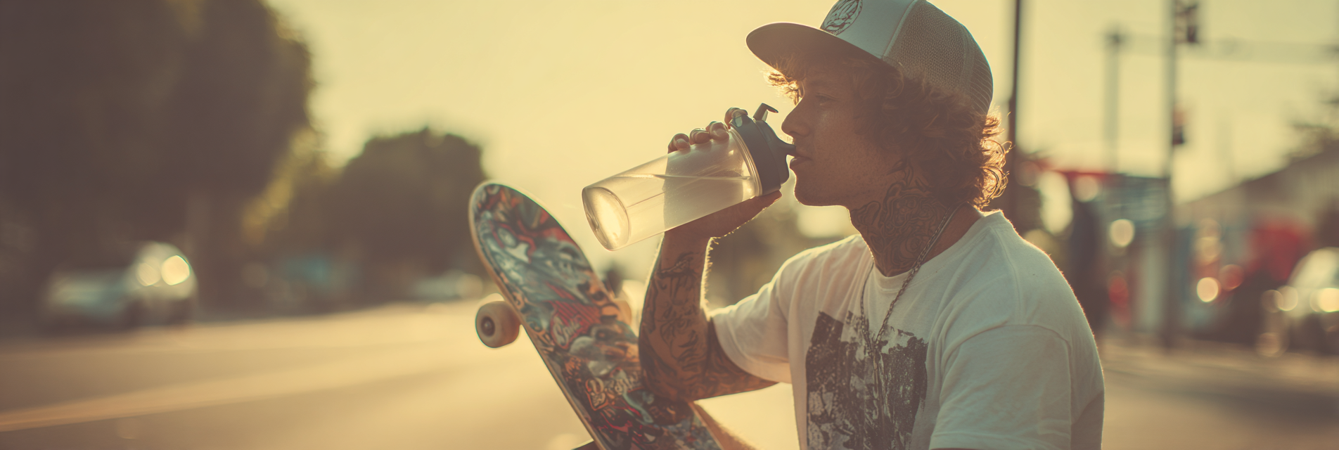 Skater drinking electrolytes on-the-go