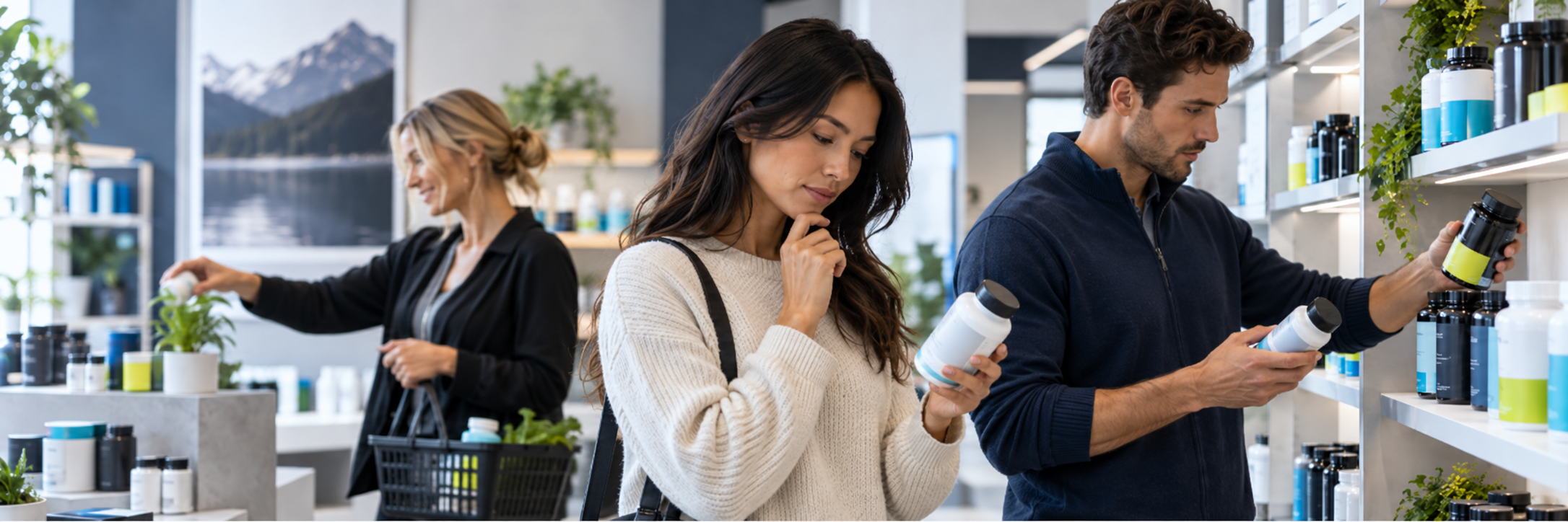 Consumers shopping at supplement store