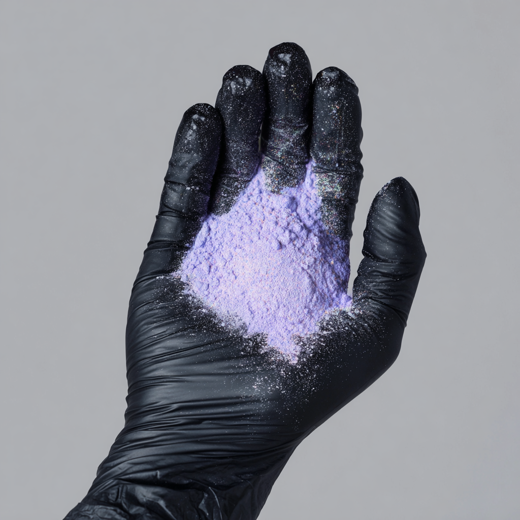 F6 black glove holding purple drink mix powder