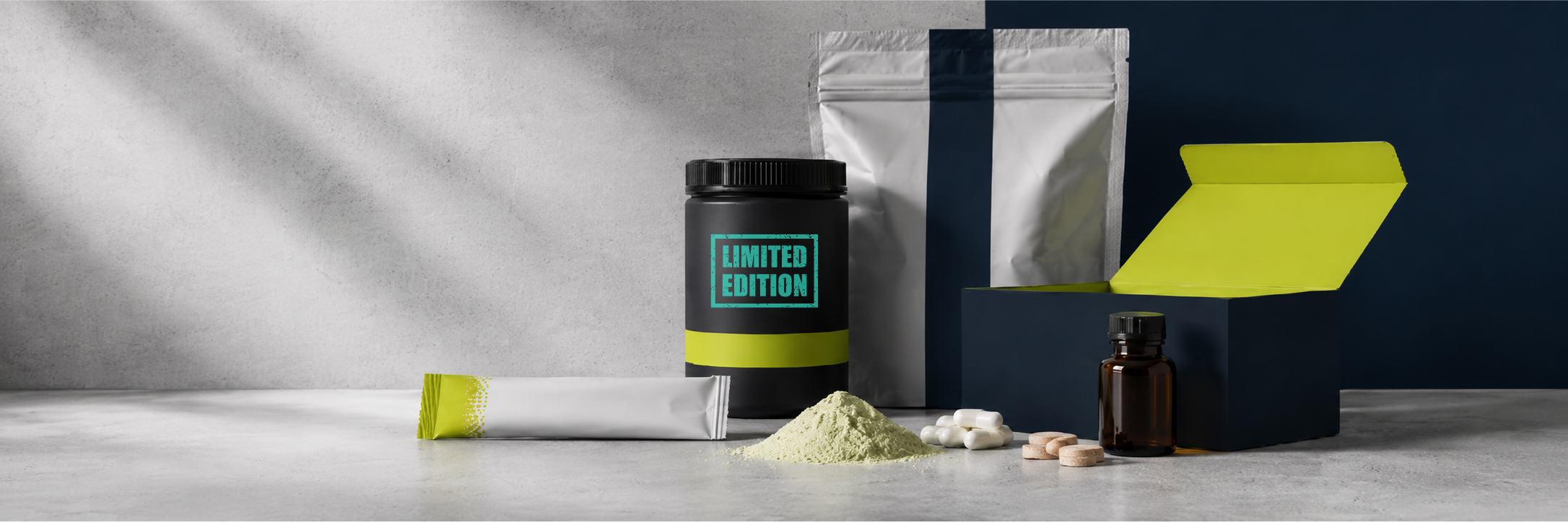 Limited-edition supplement product concepts in multiple formats including powder, capsules and stick packs.