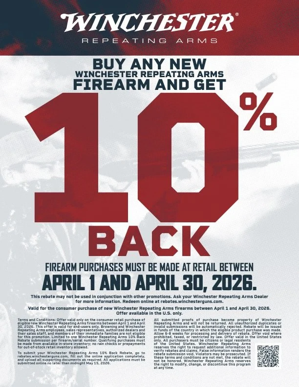 Winchester Repeating Arms is offering a 10% rebate on the retail purchase of any new Winchester Repeating Arms firearm. This promotion is valid for end-users only and cannot be combined with other offers. Firearms must be purchased at retail between 