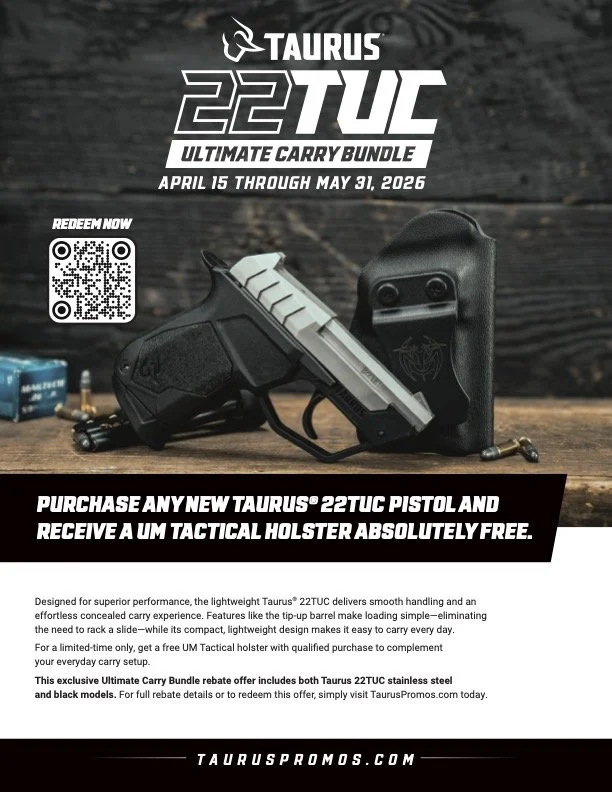 Taurus 22TUC Ultimate Carry Bundle
Enhance your everyday carry setup with the lightweight Taurus 22TUC, designed for superior performance and an effortless concealed carry experience. This pistol features a tip-up barrel that makes loading simple and