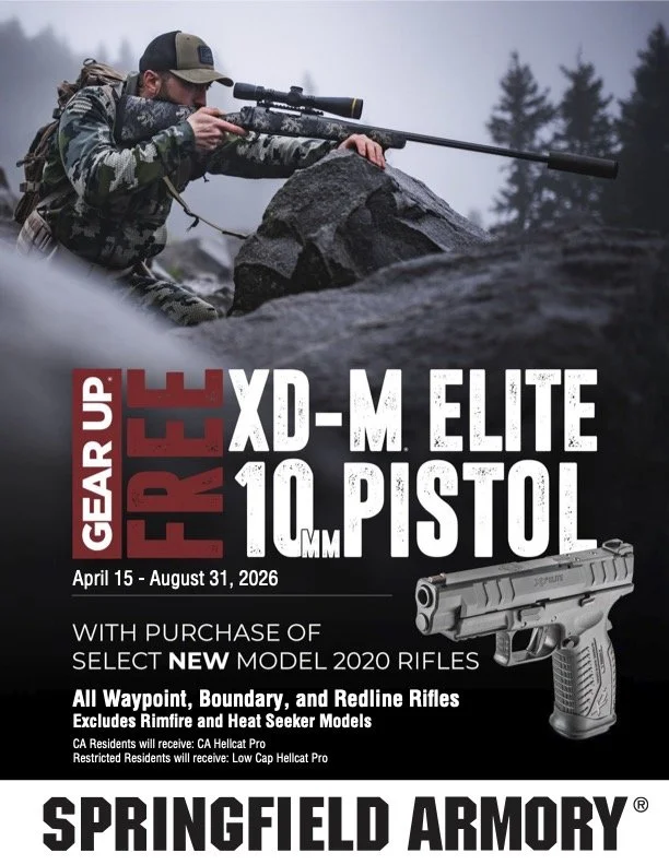 Springfield Armory Gear Up: Model 2020 Promotion
Elevate your outdoor adventures by pairing a precision bolt-action rifle with a powerful sidearm. Our gallery showcases the Model 2020 series, including the Waypoint, Boundary, and Redline rifles, know