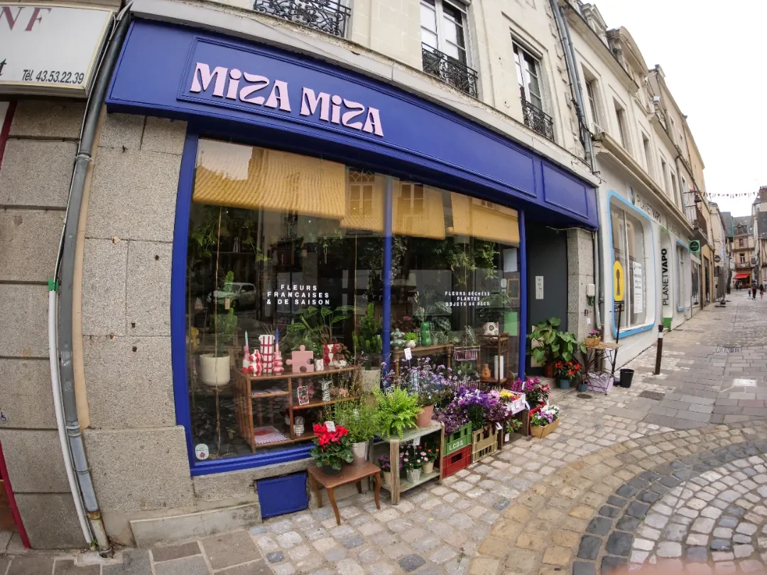 Une boutique de fleurs appelée 'Miza Miza' avec des plantes, fleurs françaises de saison et objets décoratifs à la vente, située dans une rue pavée.