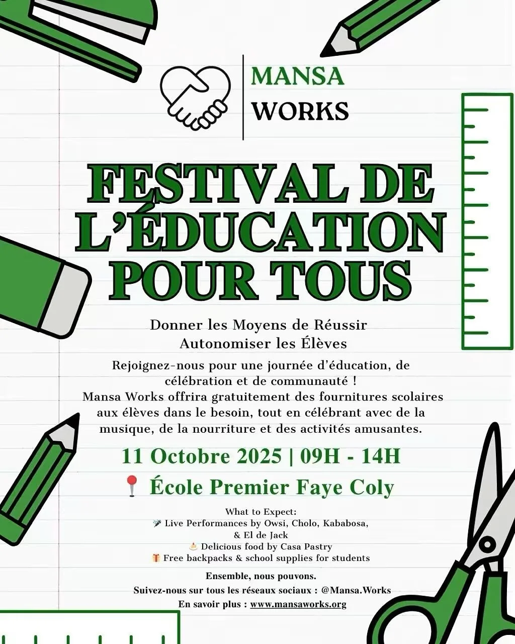 π It’s that time again!
Mansa Works presents the Education for All Festival πβ¨
Join us Oct 11 at École Faye Coly, Bignona (Casamance) for our annual school supply giveaway π—empowering youth through education.
π Don’t mis