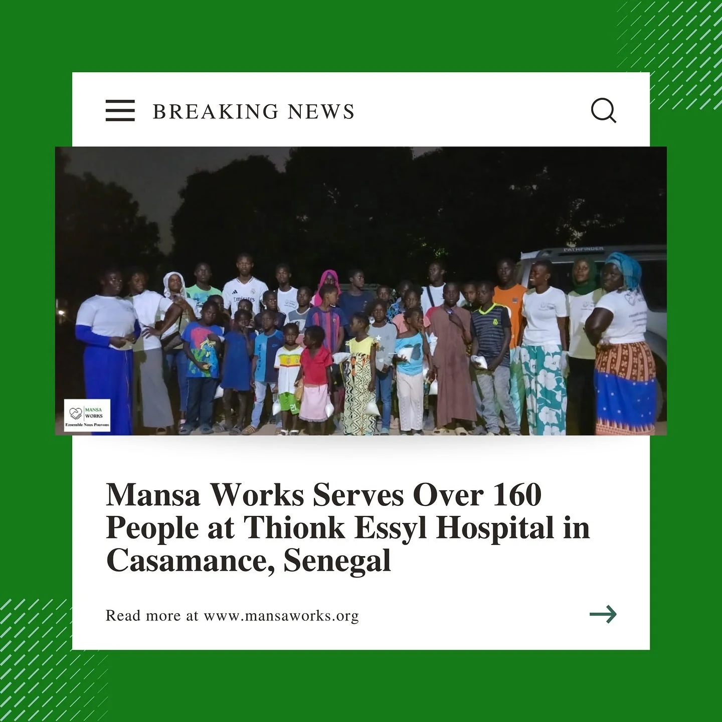 π² Feeding Hope in Thionk Essyl πΈπ³
Mansa Works proudly provided hot, nourishing meals to over 160 patients and caretakers at the Thionk Essyl Hospital in Senegal. In a community where access to daily food isn’t guaranteed, a warm meal is more