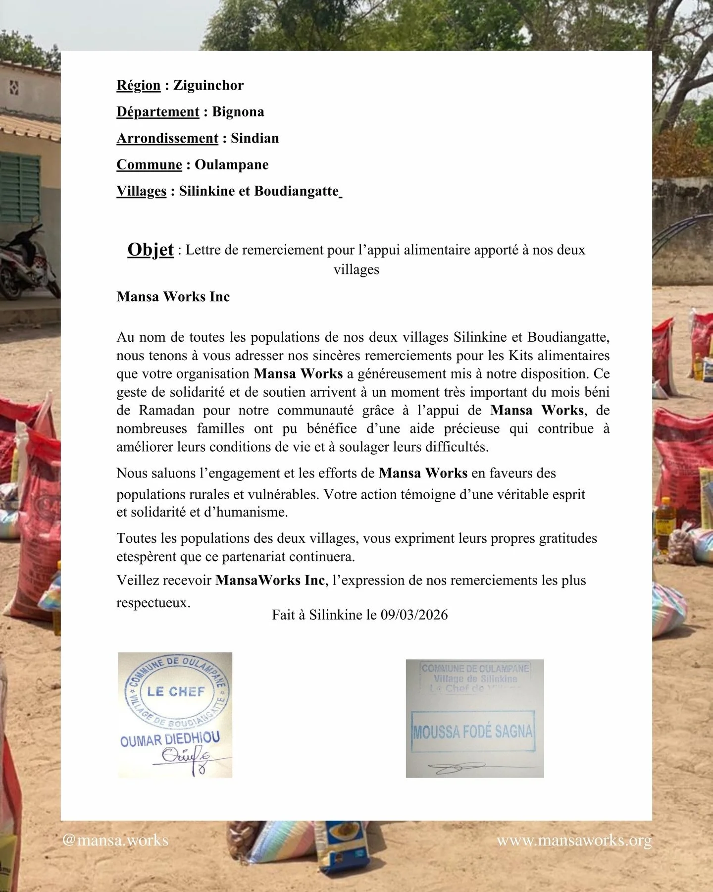 This letter of gratitude was sent to Mansa Works after our recent grocery kit distribution. Because of your support, families received food during a critical time for their community.

Moments like this remind us that real impact happens when people 