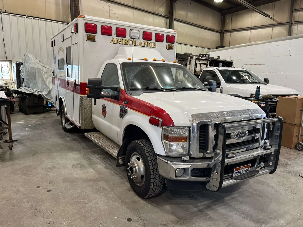 Ambulance in the shop for service at Itty Bitty Equipment Co. in Richmond, Utah