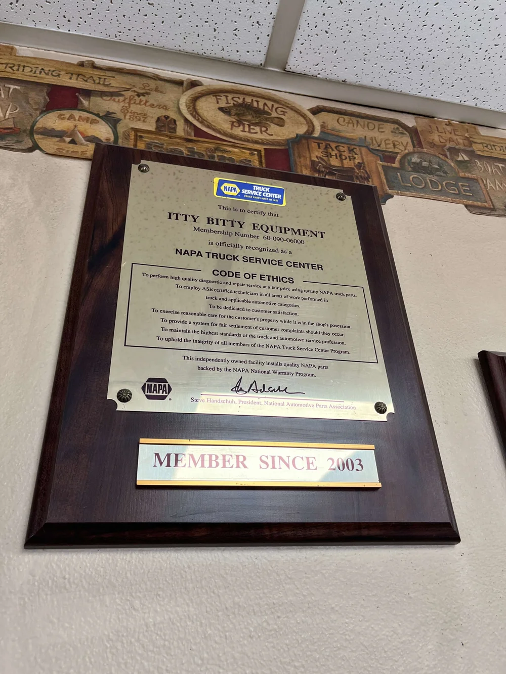 NAPA Truck Service Center plaque, member since 2003, at Itty Bitty Equipment Co., Richmond UT