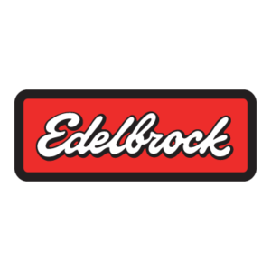Edelbrock logo with red background and white script text