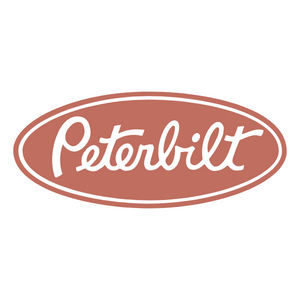 Peterbilt logo, white script on a red oval background