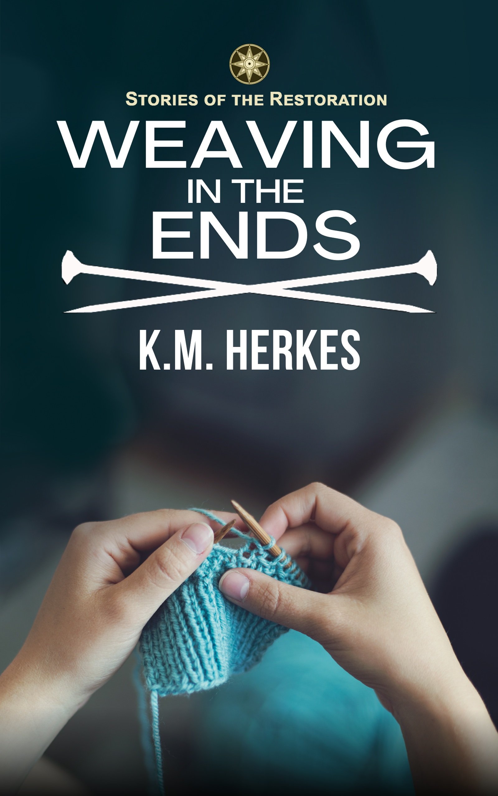 cover for Weaving In The Ends, hands knitting blue yarn on wooden needles