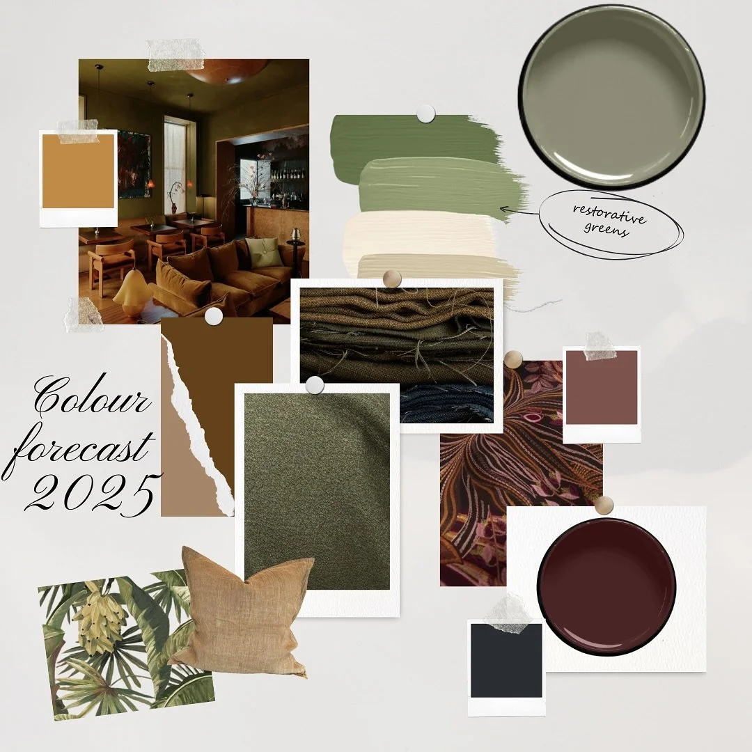 Colour forecast for 2025&hellip; restorative greens symbolising rest and rejuvenation. These colours positively influence our mental health and wellbeing.  Saturated rich, luscious colours, morphing into clarets, indigo and moss. For more design insp