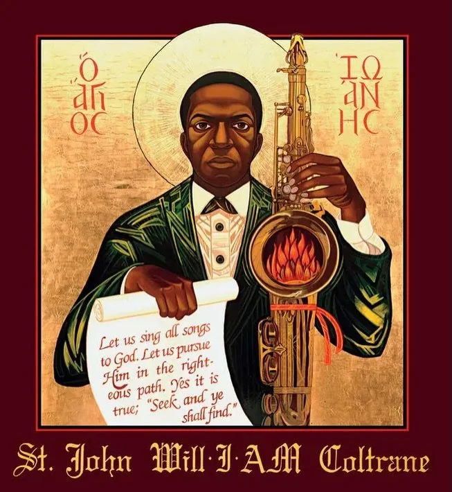 Saint John Coltrane of the Saint John Coltrane African Orthodox Church, 1982.

The artwork was created by Deacon Mark Dukes, the official iconographer for the St. John Coltrane Church in San Francisco.