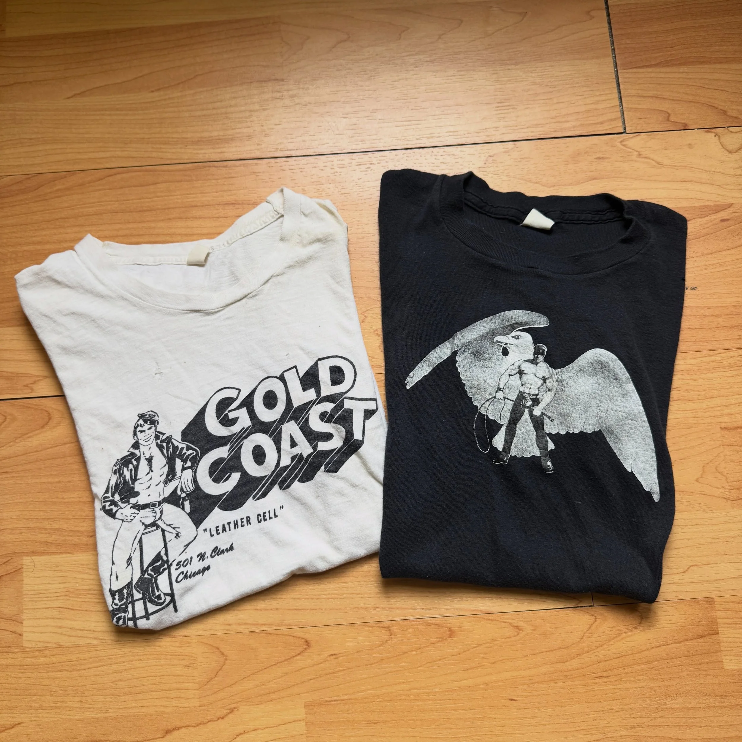 1970s Leather Cell Chicago Staff tee &amp; 1970s DC Eagle club tee, featuring Tom of Finland style art on both!

Recommended XS/S , nice &amp; tight.
