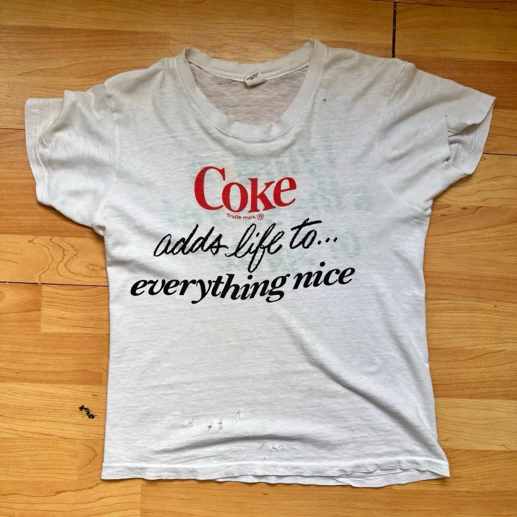 1960/1970s Small selection available for this spring &amp; summer!

1970s Coca Cola &amp; Sprite innuendo tee, small
1960s Pop Eye Tee, small
1970s 100% Cotton Coors Sweat, small