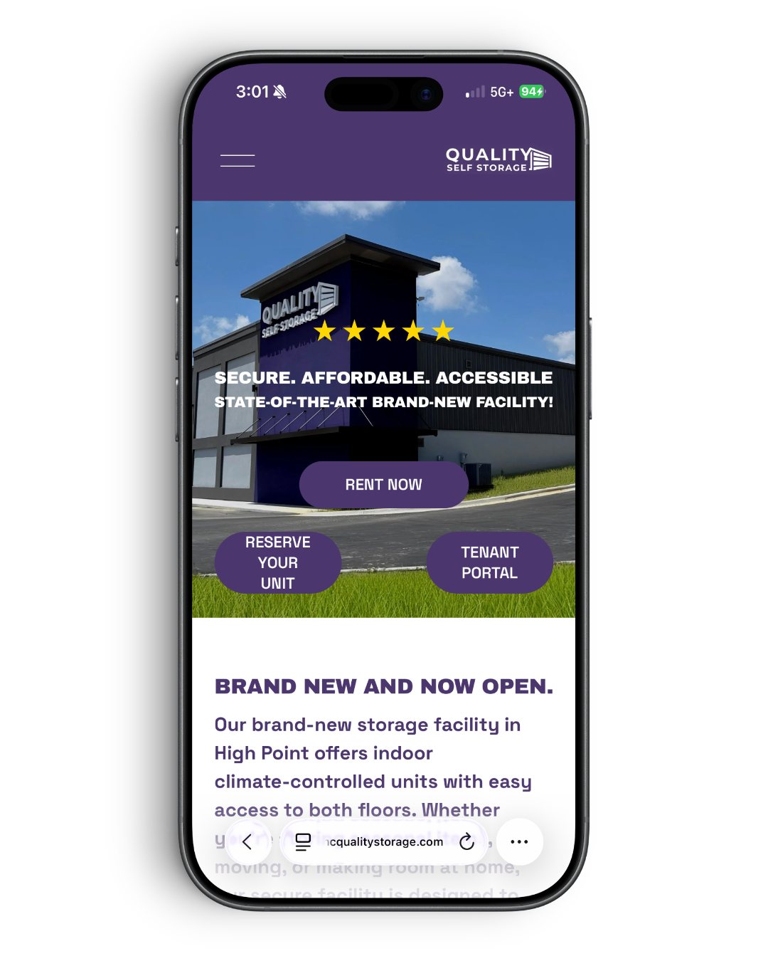 Smartphone screen displaying the homepage of Quality Self Storage website, showing a new storage facility, with options to rent, reserve a unit, or access tenant portal, and a section about the facility's features and opening.