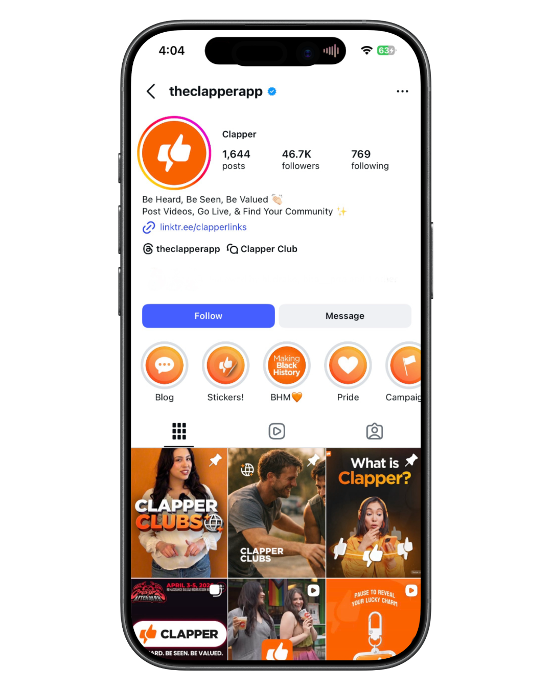 Instagram profile page for theclapperapp, with the profile picture of an orange and white logo featuring a lightning bolt and thumbs-up sign. The page displays follower statistics, bio, and several highlight icons with orange themed icons and titles related to community and content themes.