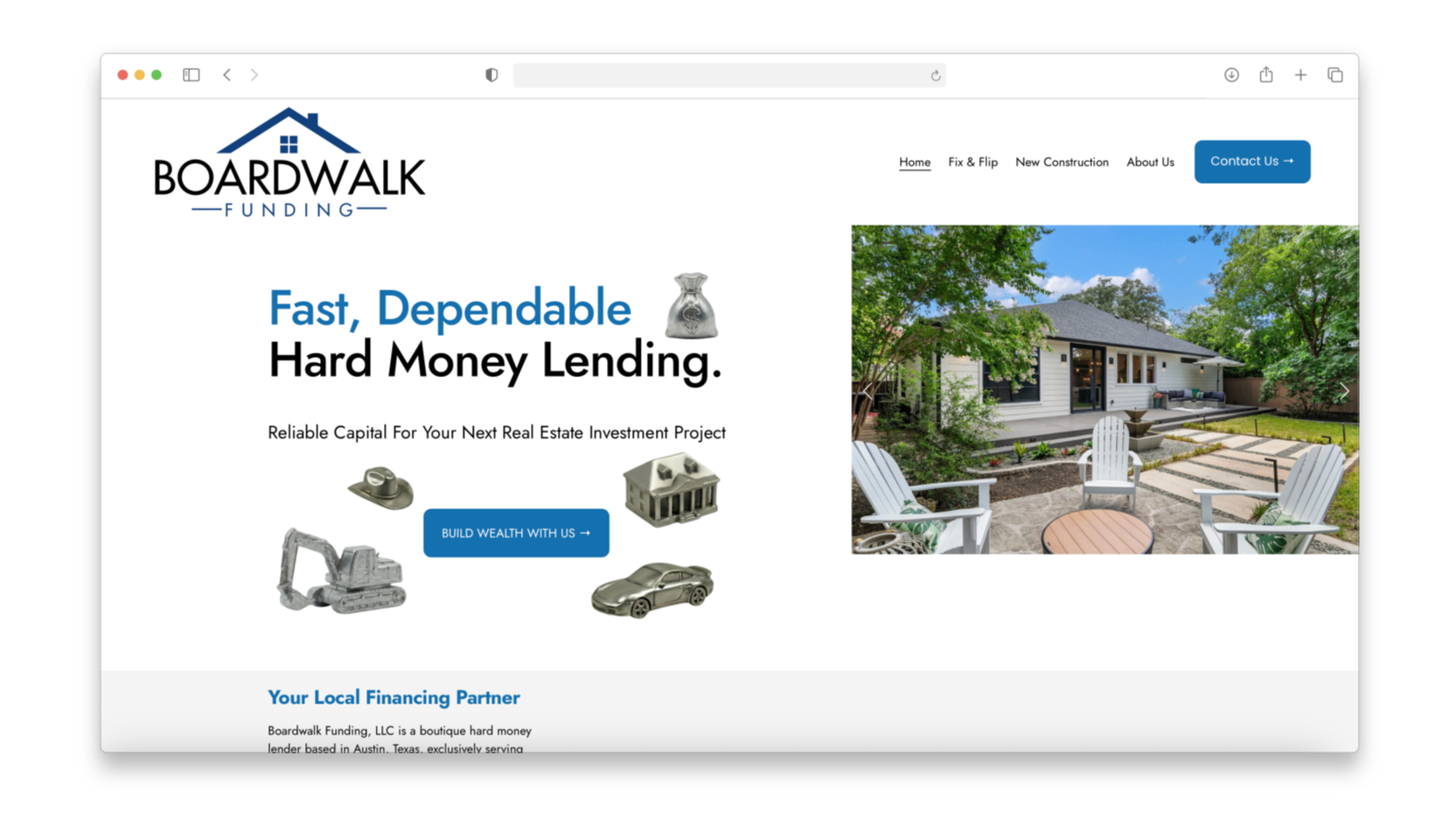 Screenshot of a website homepage for Boardwalk Funding, featuring a house with a patio and outdoor seating, and icons of a house, a construction excavator, a car, and a small building, along with text promoting fast, dependable hard money lending for real estate investment.