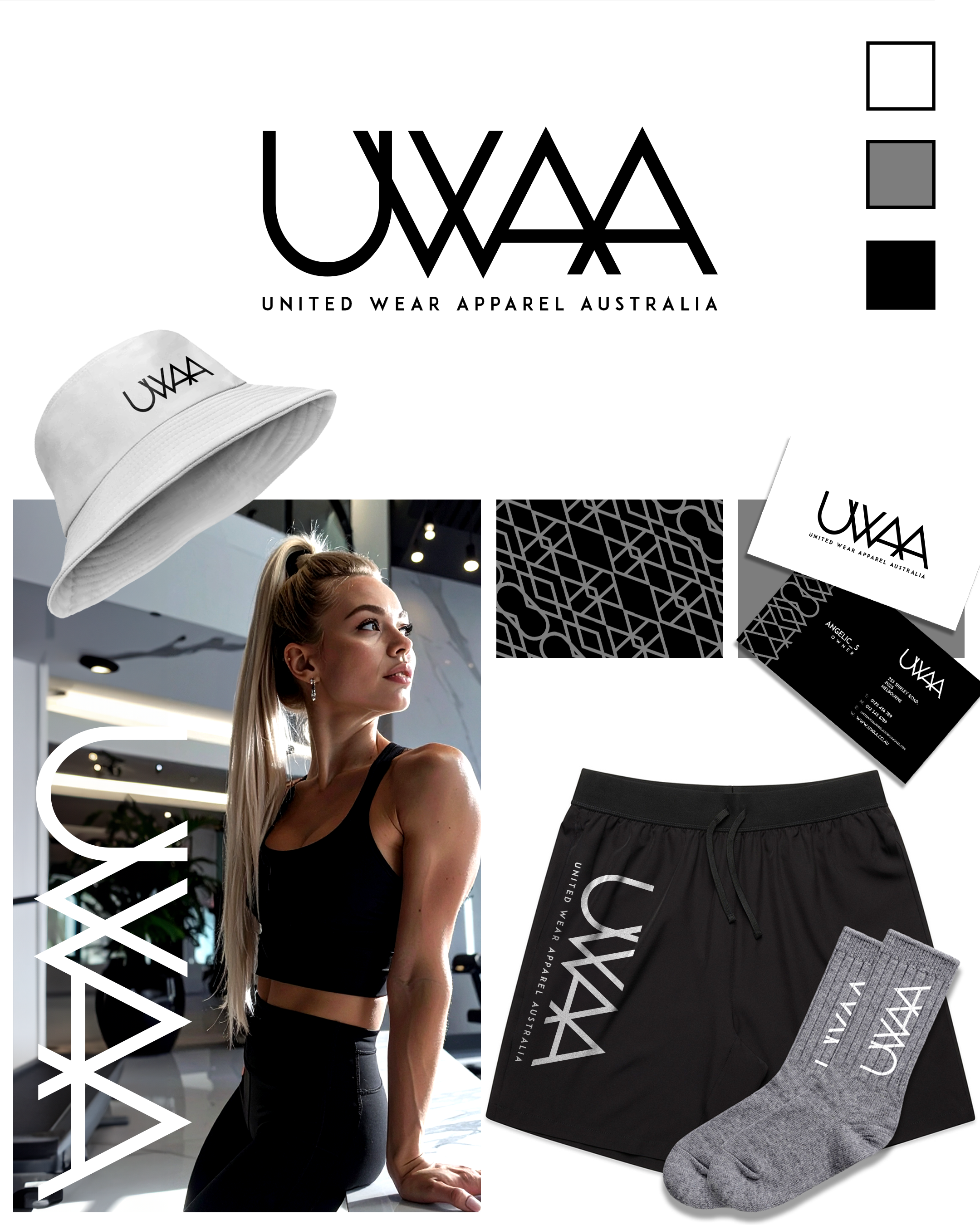 Branding display for United Wear Apparel Australia, featuring a logo, clothing items including a hat, shorts, socks, and a woman in athletic wear, within a collage layout.