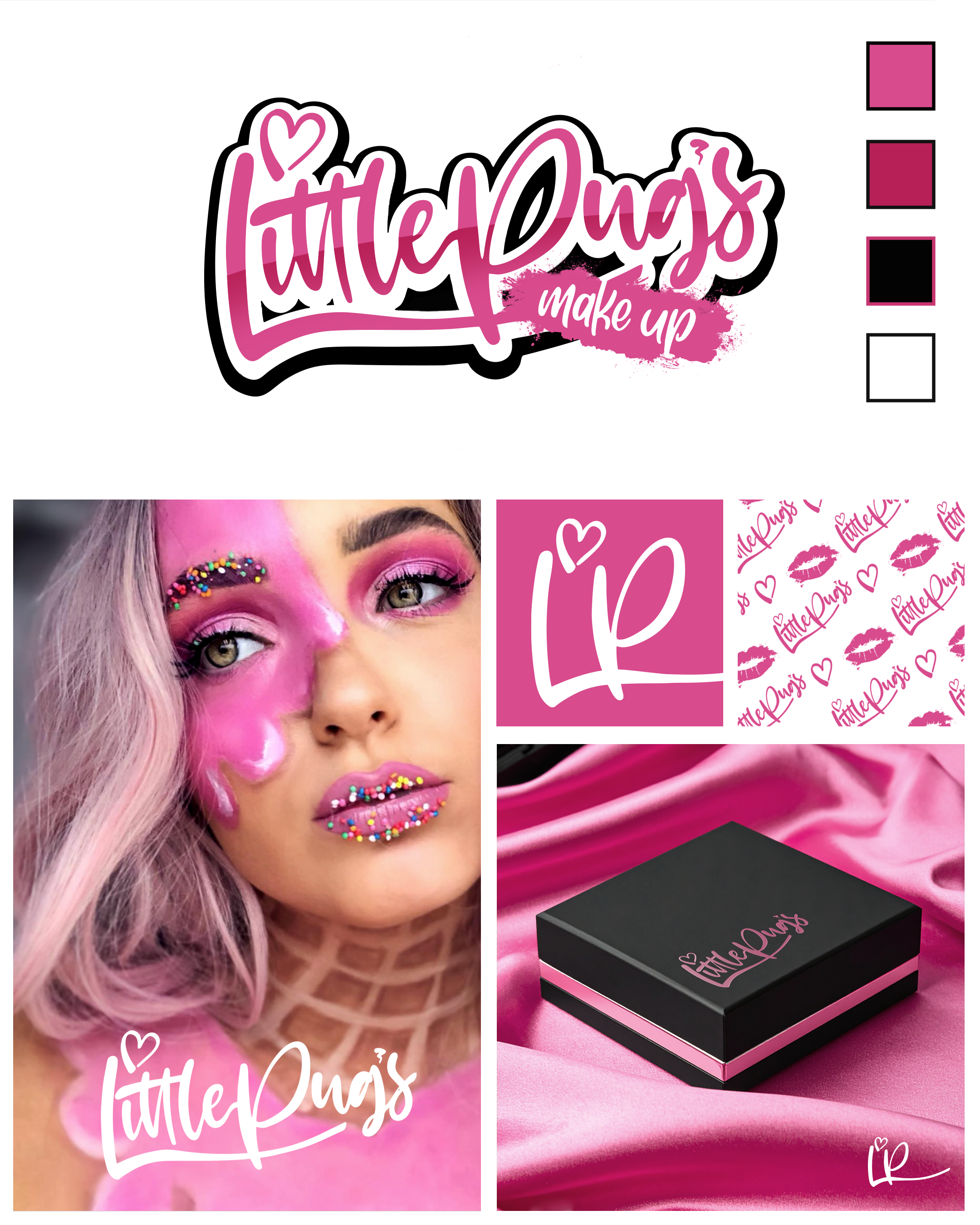 A collage featuring a makeup palette, a woman with pink makeup and sprinkles on her lips, and various graphics including the Little Dugs Make Up logo, pink fabric, and branding elements.