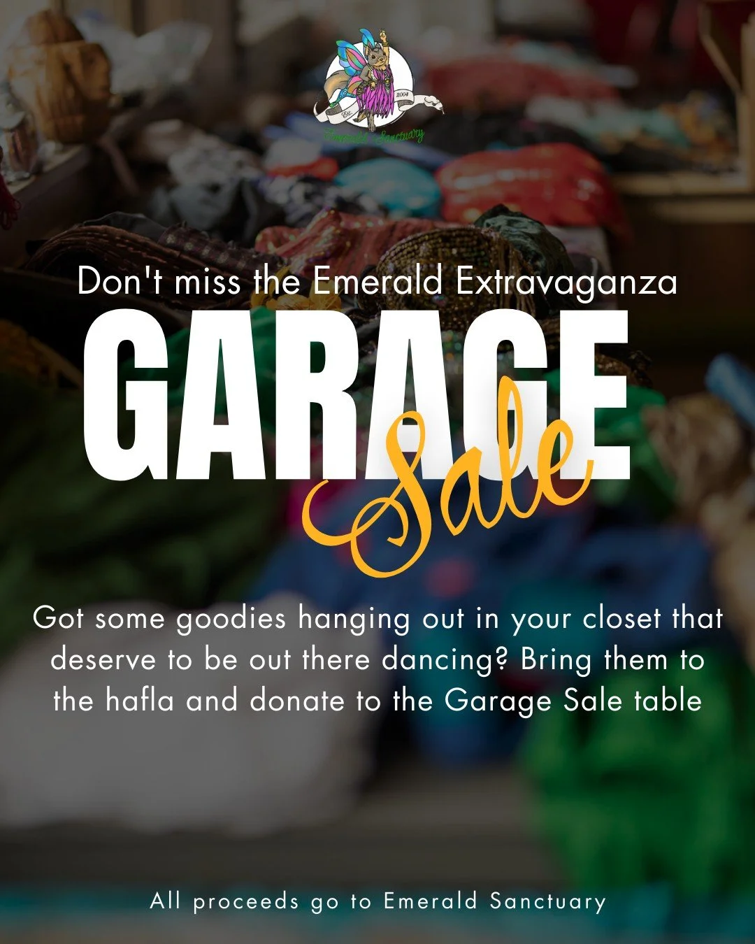 Got dance treasures hiding in your closet? ✨
The Garage Sale table at the Emerald Benefit Hafla is your chance to pass them on and maybe discover some new-to-you gems!

Here&rsquo;s how it works:
🛍️ Donate your dance-related items: costumes, accesso
