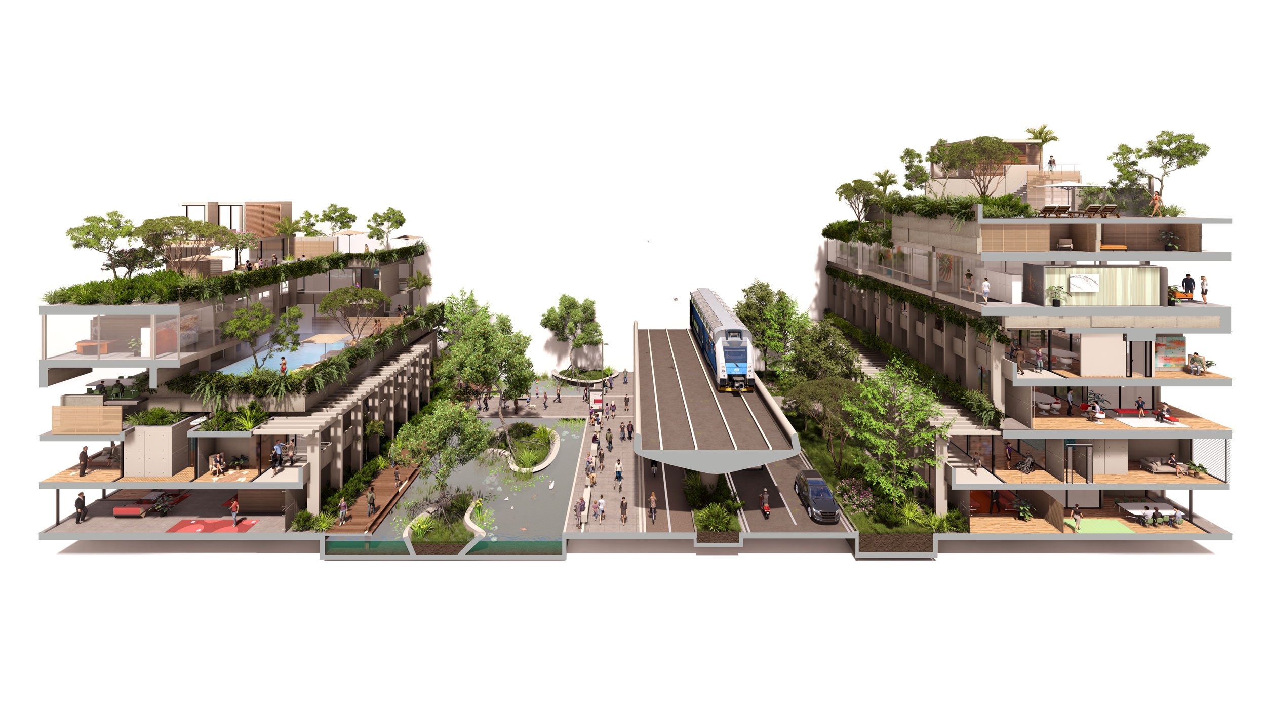 Cross-section of a modern multi-story residential complex with greenery, outdoor communal spaces, and a train passing between the buildings.