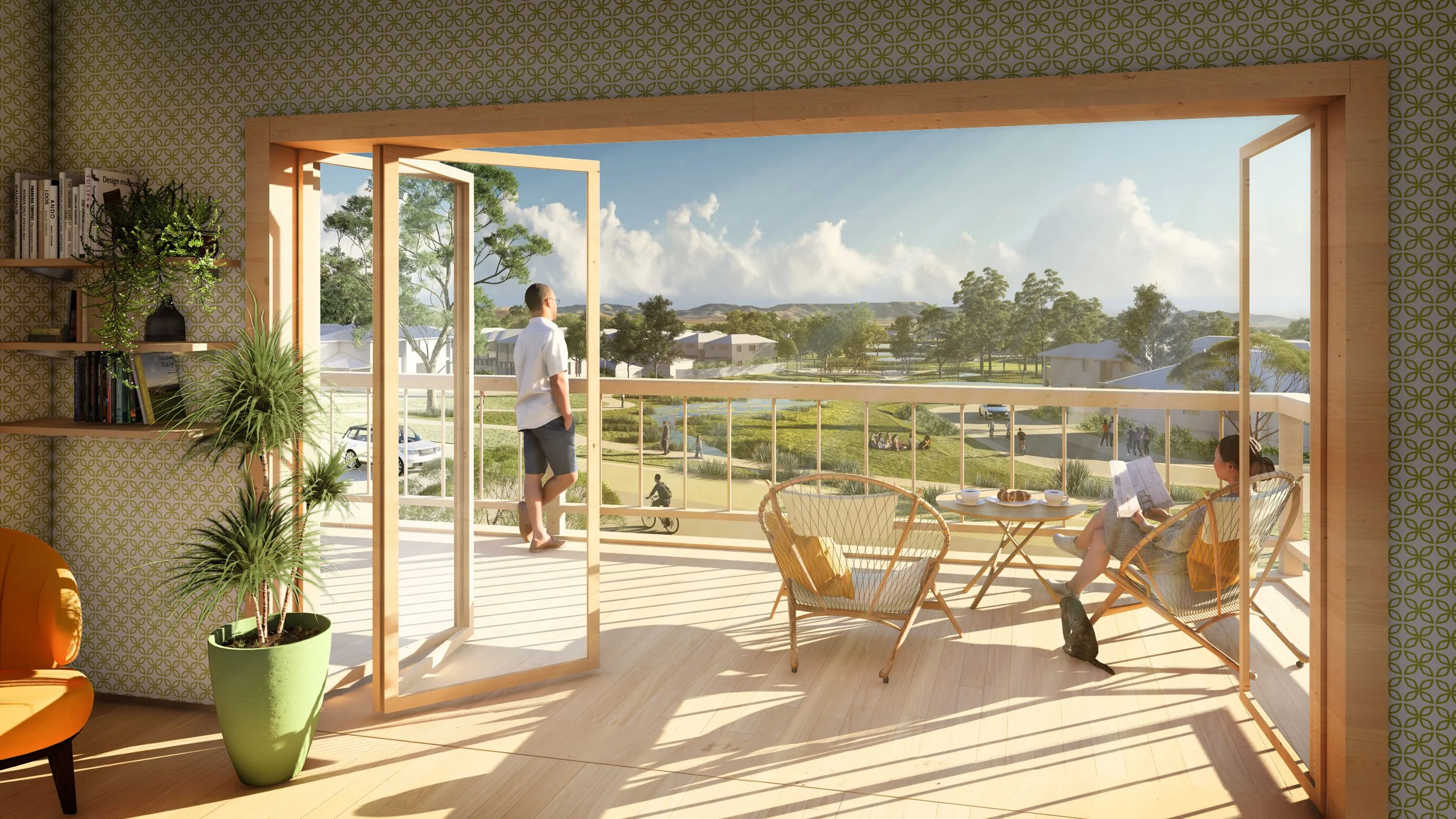People enjoying a balcony overlooking a park with trees, grass, and a winding path, under a partly cloudy sky during daytime.