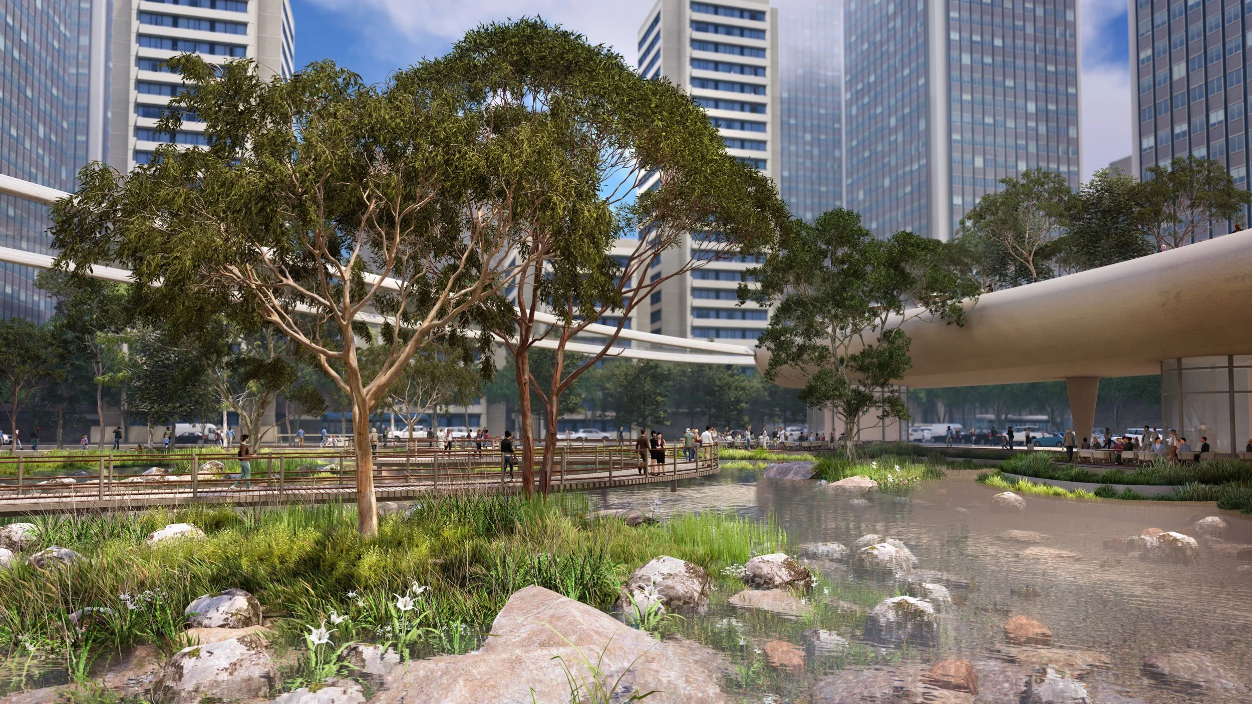 Urban park with trees, a pond, and people walking on a boardwalk, surrounded by tall modern skyscrapers.