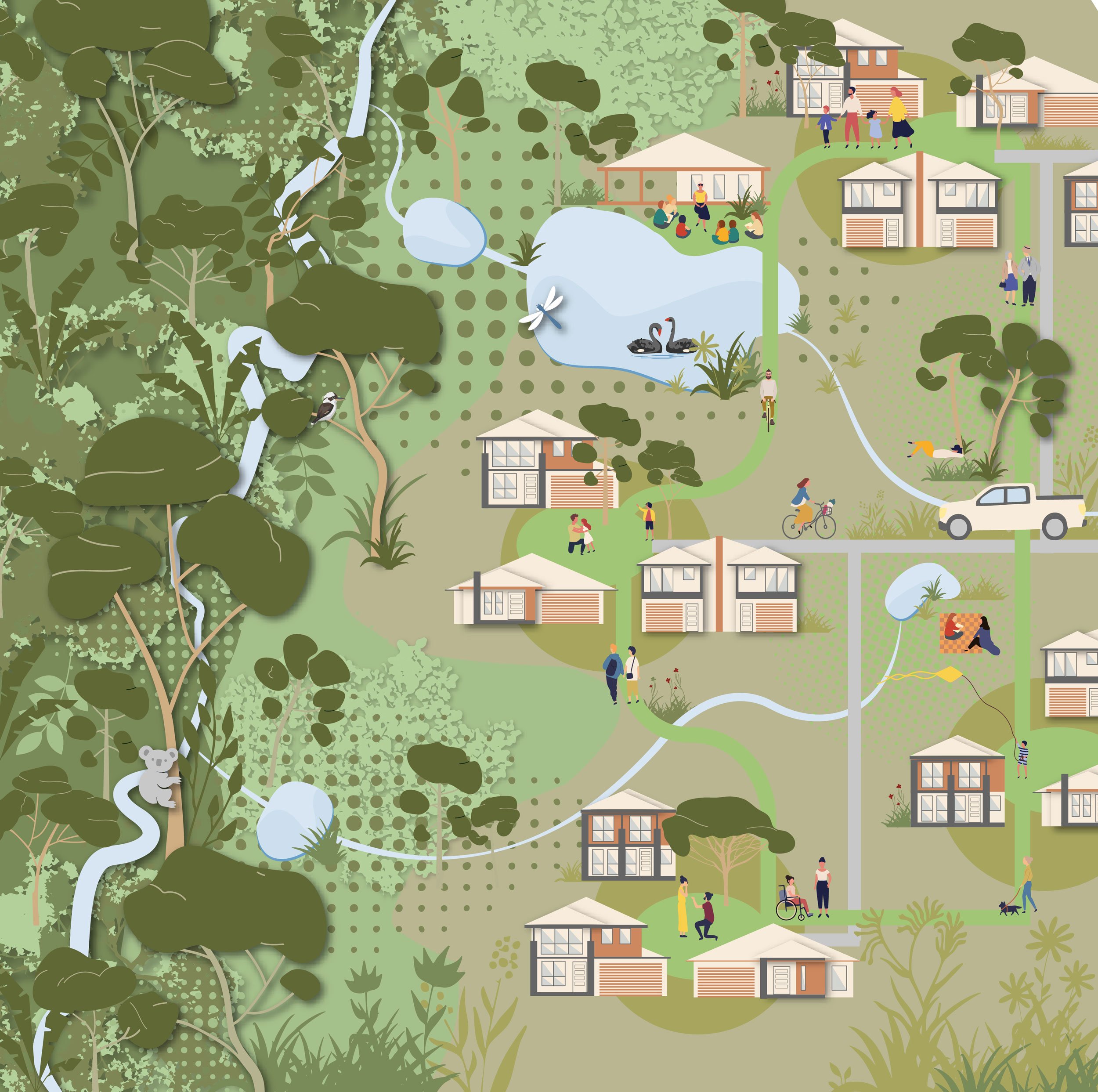 A colorful illustrated map of a neighborhood with houses, trees, a pond with swans, people walking and cycling, and a butterfly near a river.
