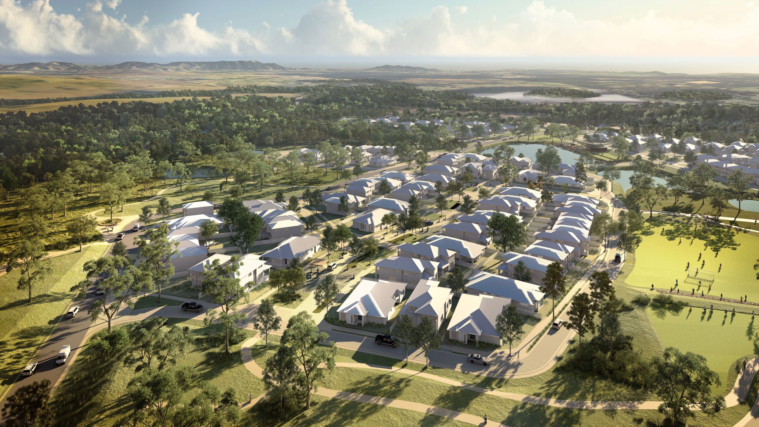 A digital rendering of a modern suburban neighborhood with rows of white houses, green trees, small lakes, and a park with people playing, surrounded by hills and open land under a cloudy sky.