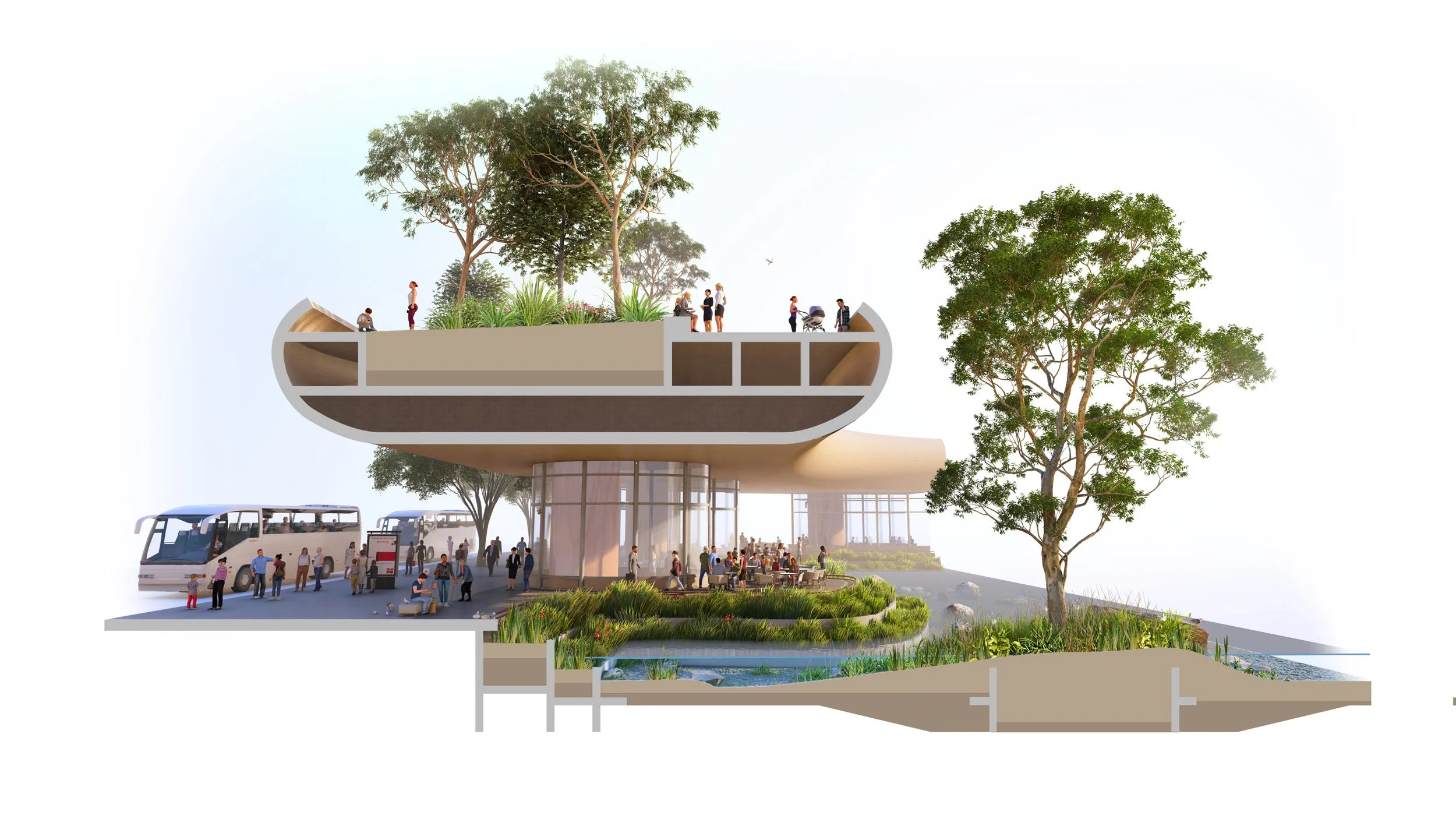 A modern multi-level building with a green rooftop and trees, hosting people walking and sitting, with buses and people at a bus stop below, and landscaped greenery surrounding the area.