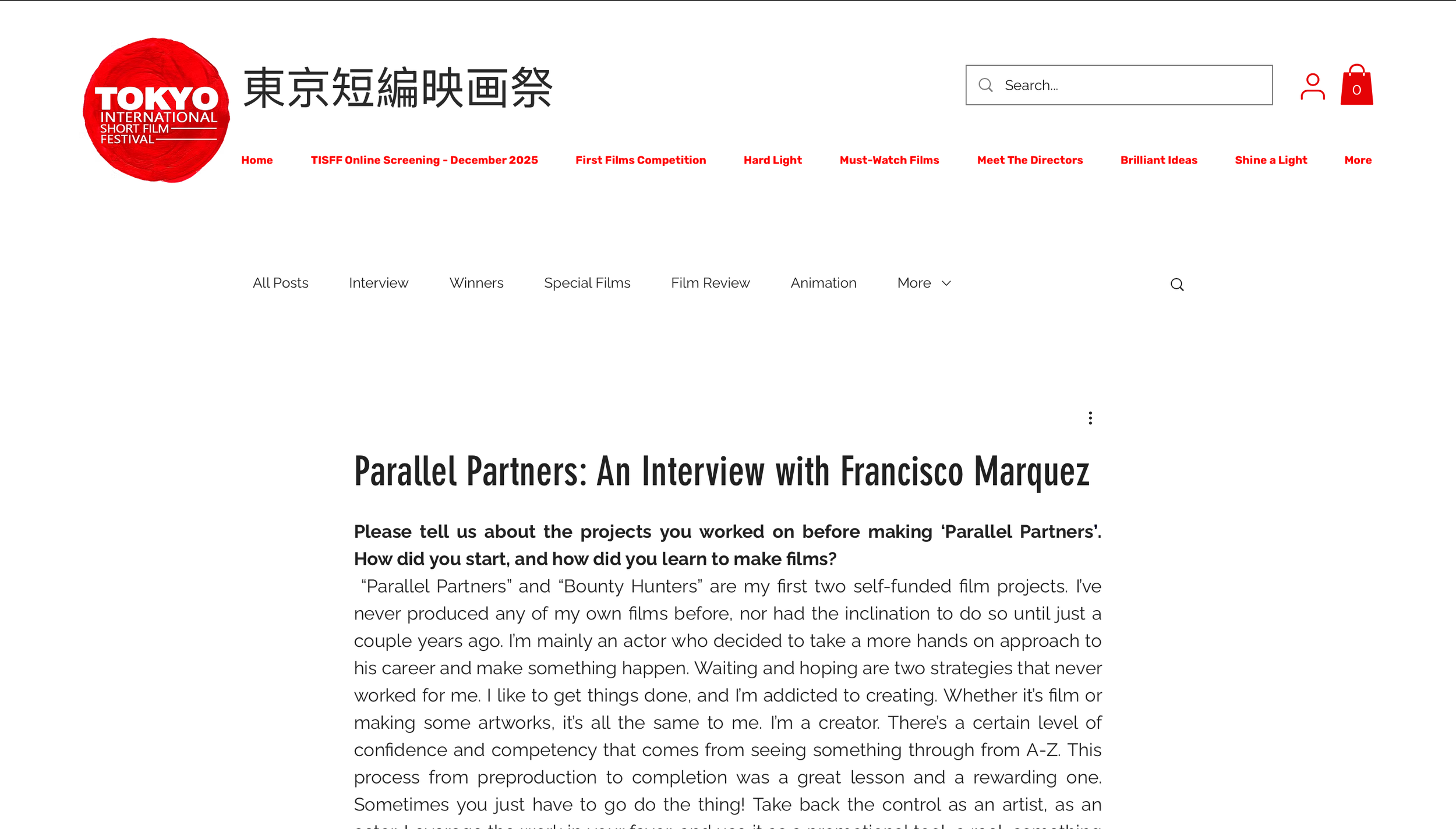Tokyo International Short Film Festival featuring an article titled "Parallel Partners: An Interview with Francisco Marquez."