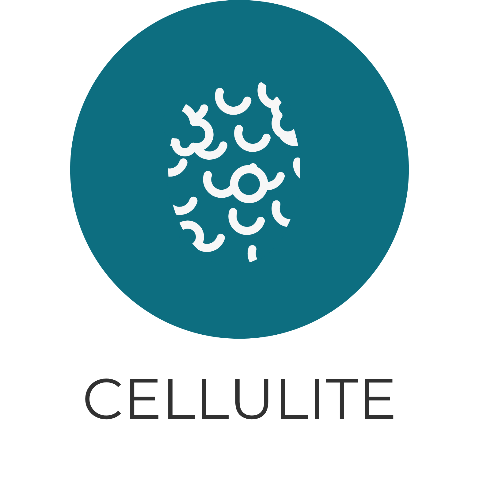 Illustration of a cluster of white, curved, tube-like structures inside a teal circle, with the word 'CELLULITE' written below in white text on a black background.
