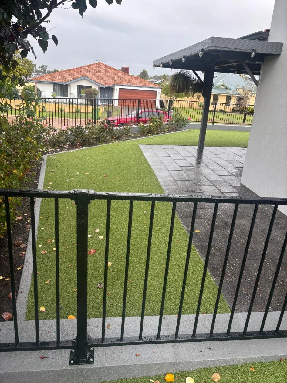 paving, artificial lawn, fencing