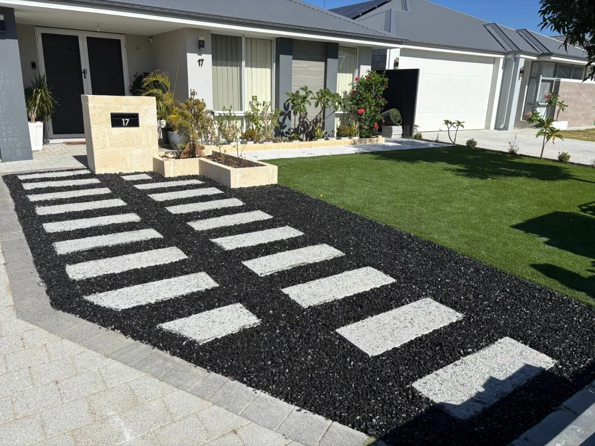 stones and steppers, stone glue, artificial lawn, limestone letter box