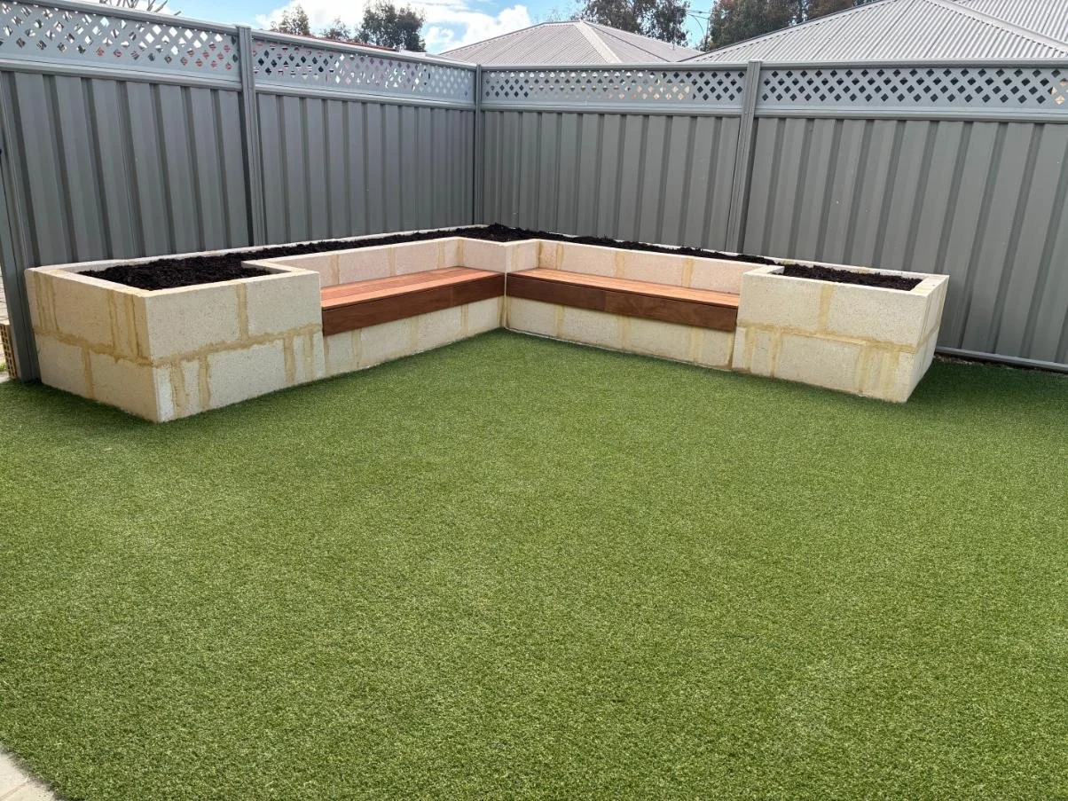 artificial lawn, artificial turf, fake lawn, fake turf, raised garden bed, bench seat