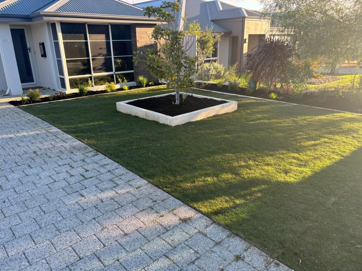 natural lawn, limestone garden edging