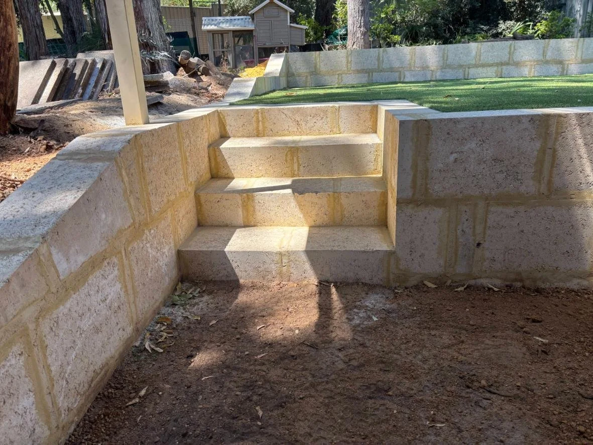 Retaining, limestone blocks, steps