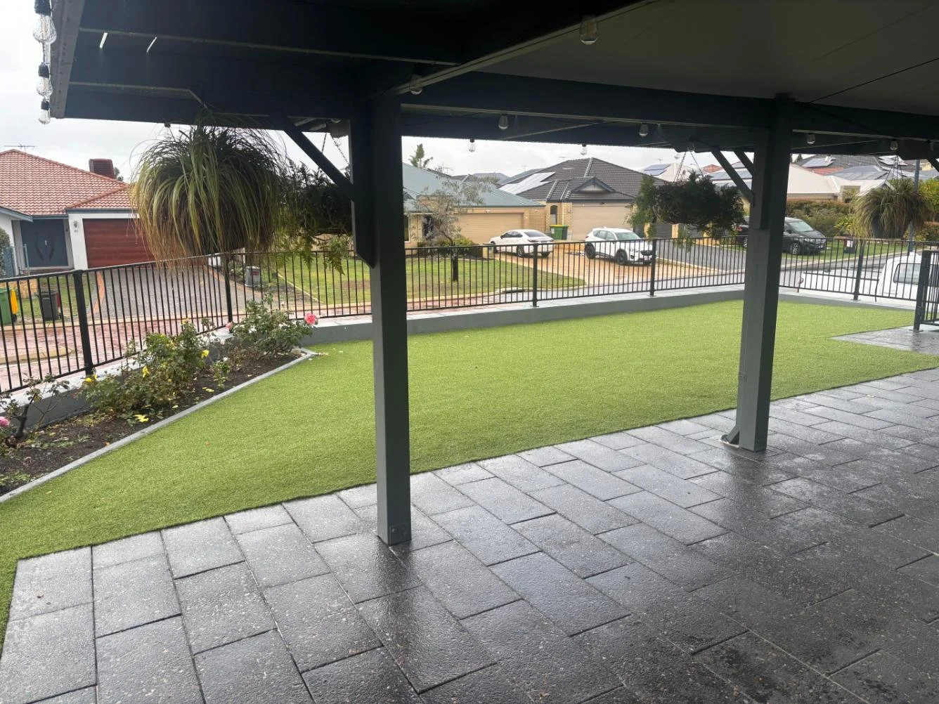 paving, artificial turf, fake lawn, fencing