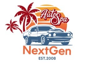 NextGen Auto Spa LLC Est. 2008 Logo. Muscle car infront of a sunset and palm trees