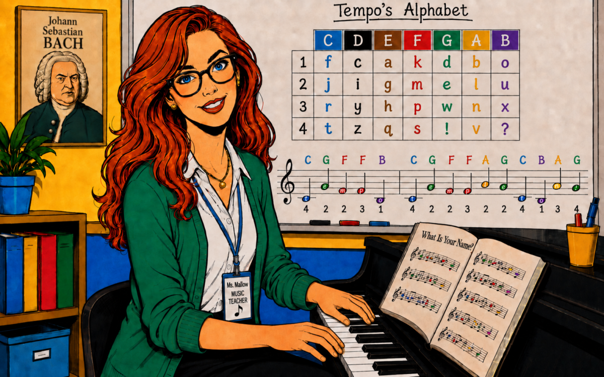 Music teacher Margaret Mallow sits at her piano in front of a classroom whiteboard that displays "Tempo's Alphabet," a unique musical cipher used to translate a student's voice.