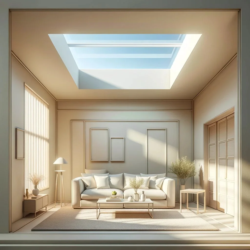 DALL·E 2024-05-05 23.10.12 - Create an image of the interior of a simpler home with a skylight in the ceiling. The room should have a basic, functional design with minimalistic de.jpg