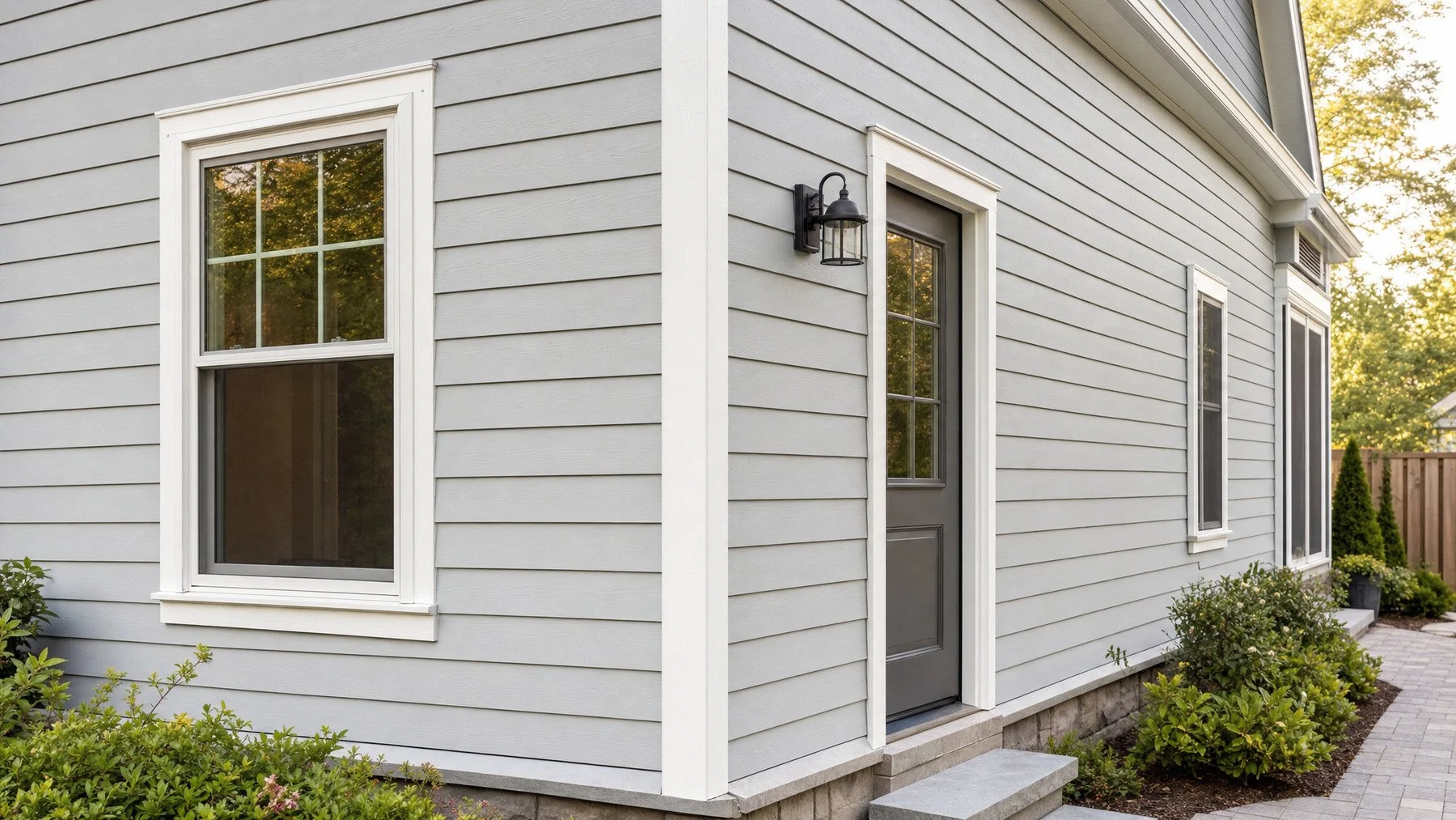 Light grey horizontal siding meeting a white-trimmed window and an exterior door on an Ontario home