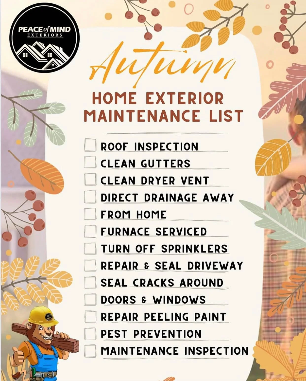🍂 Fall Home Exterior Maintenance Checklist! 🍂

As the leaves fall and the air cools, it&rsquo;s time to prep your home for the colder months ahead! 🏡 Here&rsquo;s a quick checklist to ensure your property is ready to weather the season:

1. Clean 