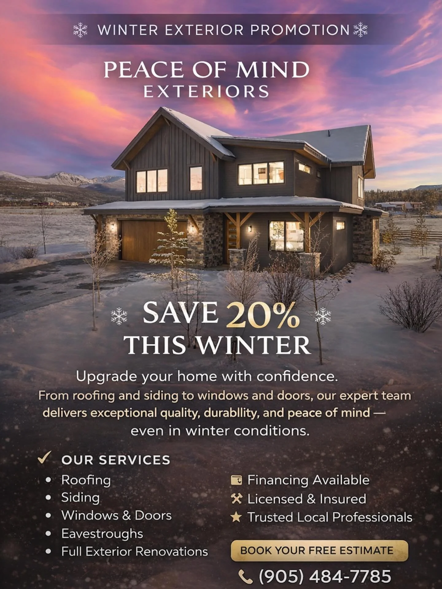 ❄️ WINTER EXTERIOR PROMOTION &ndash; SAVE 20% ❄️

Thinking about upgrading your home&rsquo;s exterior?

Take advantage of our limited-time 20% winter promotion and lock in premium exterior renovations at exceptional value.

From roofing and siding to